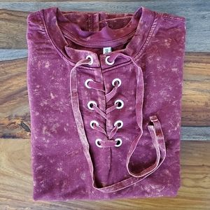 Mudd, Ladies Long Sleeve Shirt, Medium, Super Soft, Tie, Maroon, Distressed Look